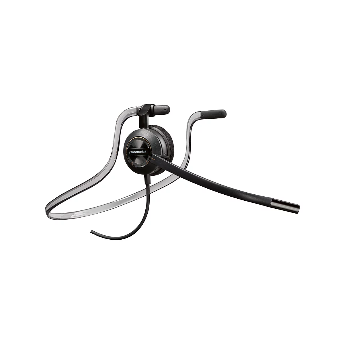 Schwarzes Plantronics Headset mit Nackenbügel, einseitigem Ohrpolster und langem Mikrofonarm vor weißem Hintergrund.