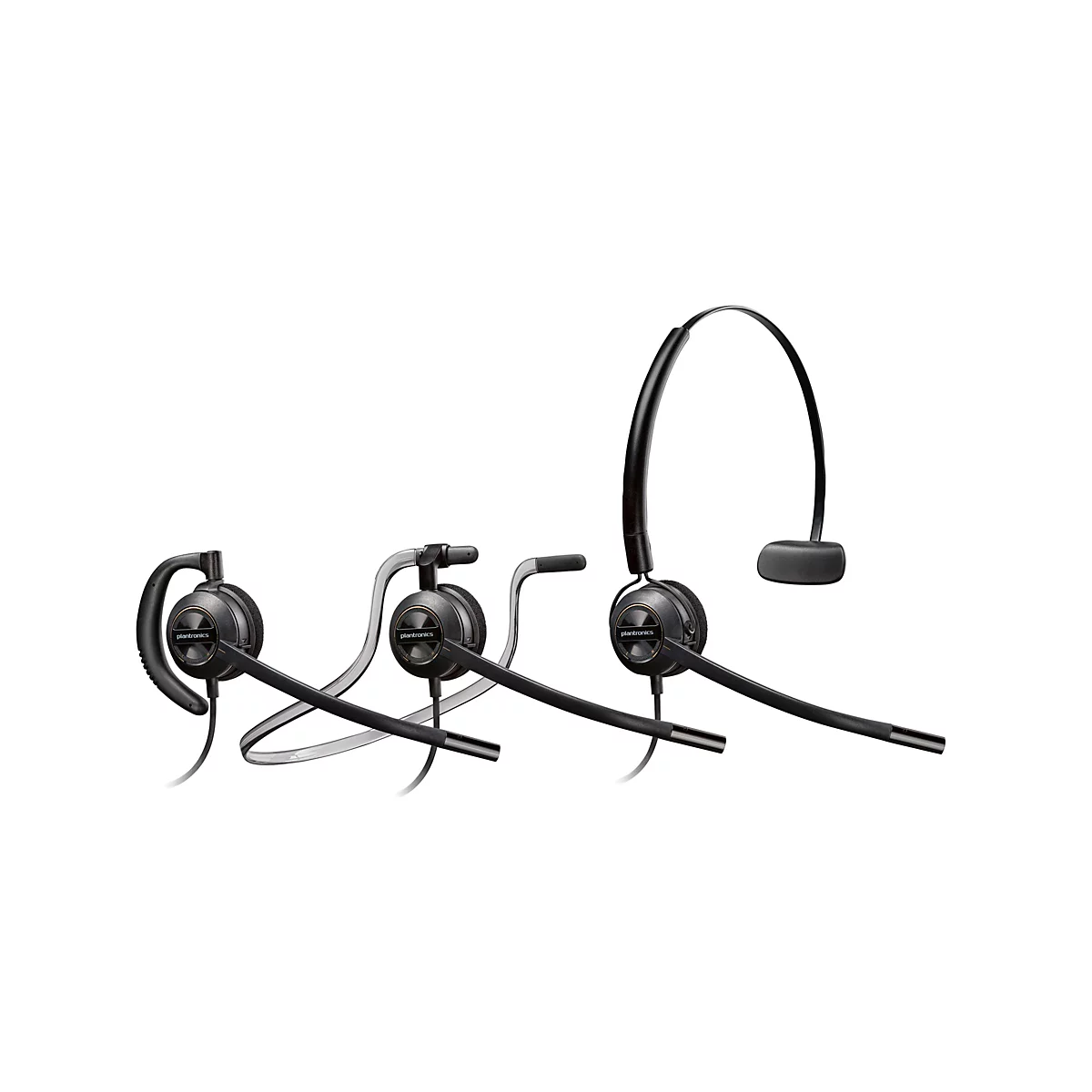 Drei schwarze Plantronics Headsets mit unterschiedlichen Tragevarianten vor weißem Hintergrund.