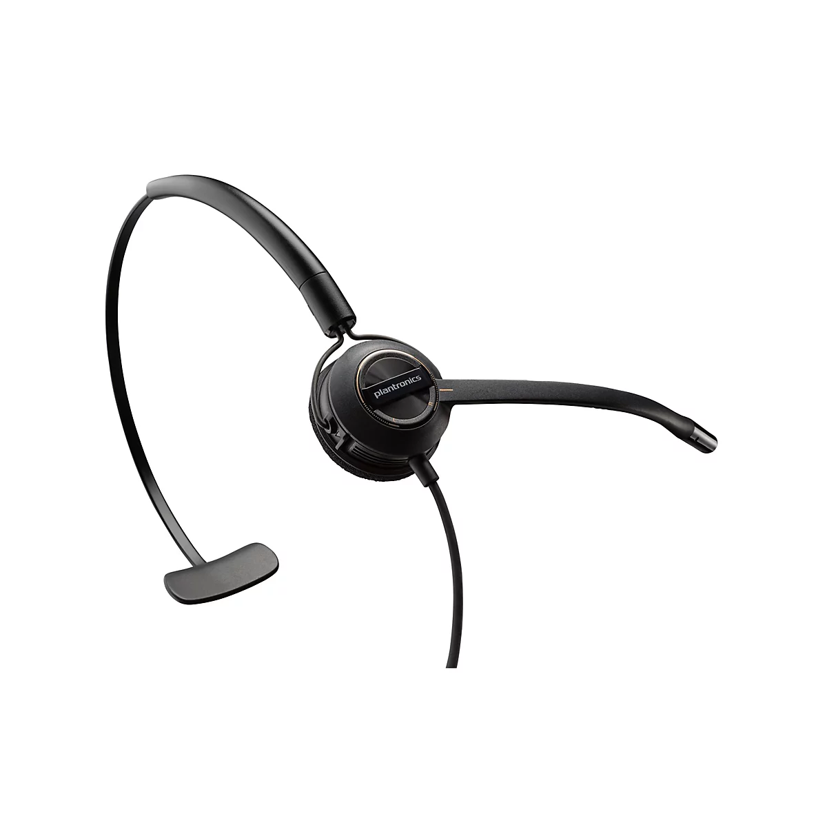 Schwarzes einohrigen Plantronics Headset mit Kopfbügel und Mikrofonarm vor weißem Hintergrund.