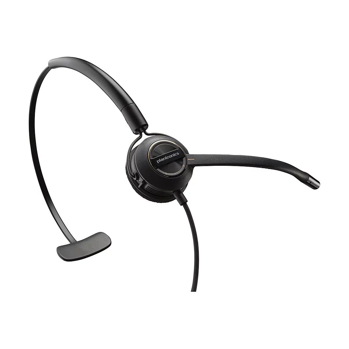 Schwarzes Plantronics-Headset mit Bügel und Mikrofon. Der Kopfhörer ist auf weißem Hintergrund abgebildet.