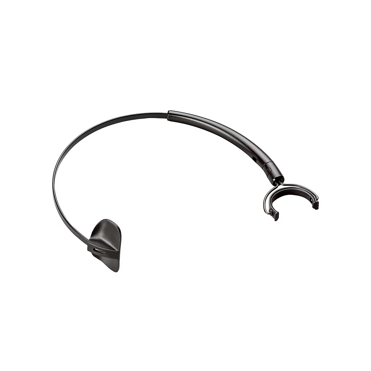 Schwarzes Headset, gebogen über den Kopf, mit Ohrmuschel und Ohrbügel. Auf weißem Hintergrund.