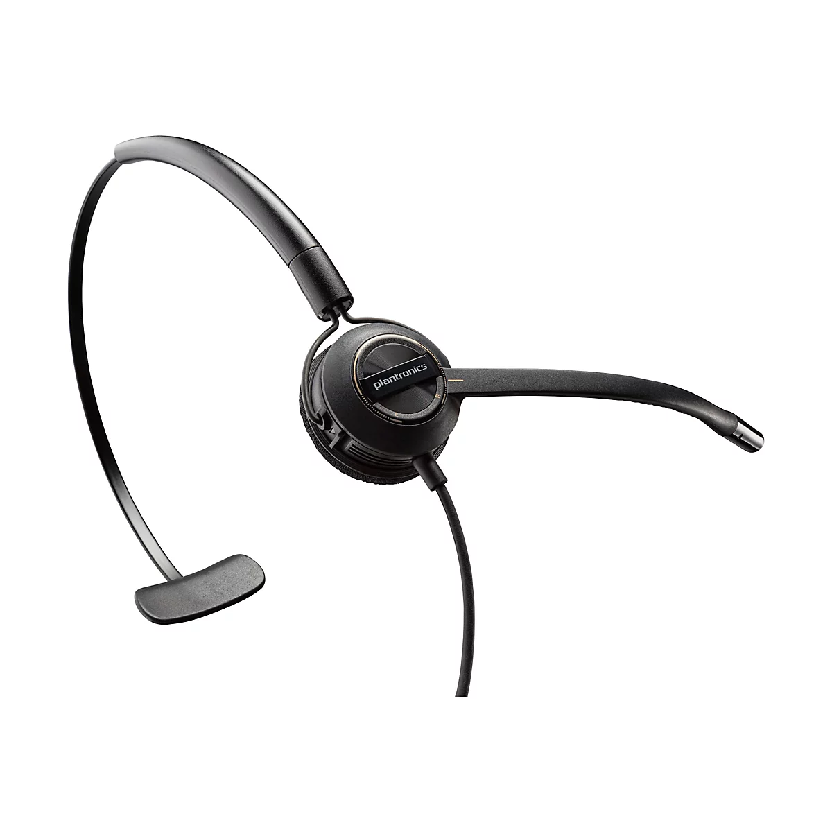 Ein schwarzes Headset mit Mikrofon auf weißem Hintergrund. Der Name Plantronics ist auf dem Kopfhörer zu sehen.