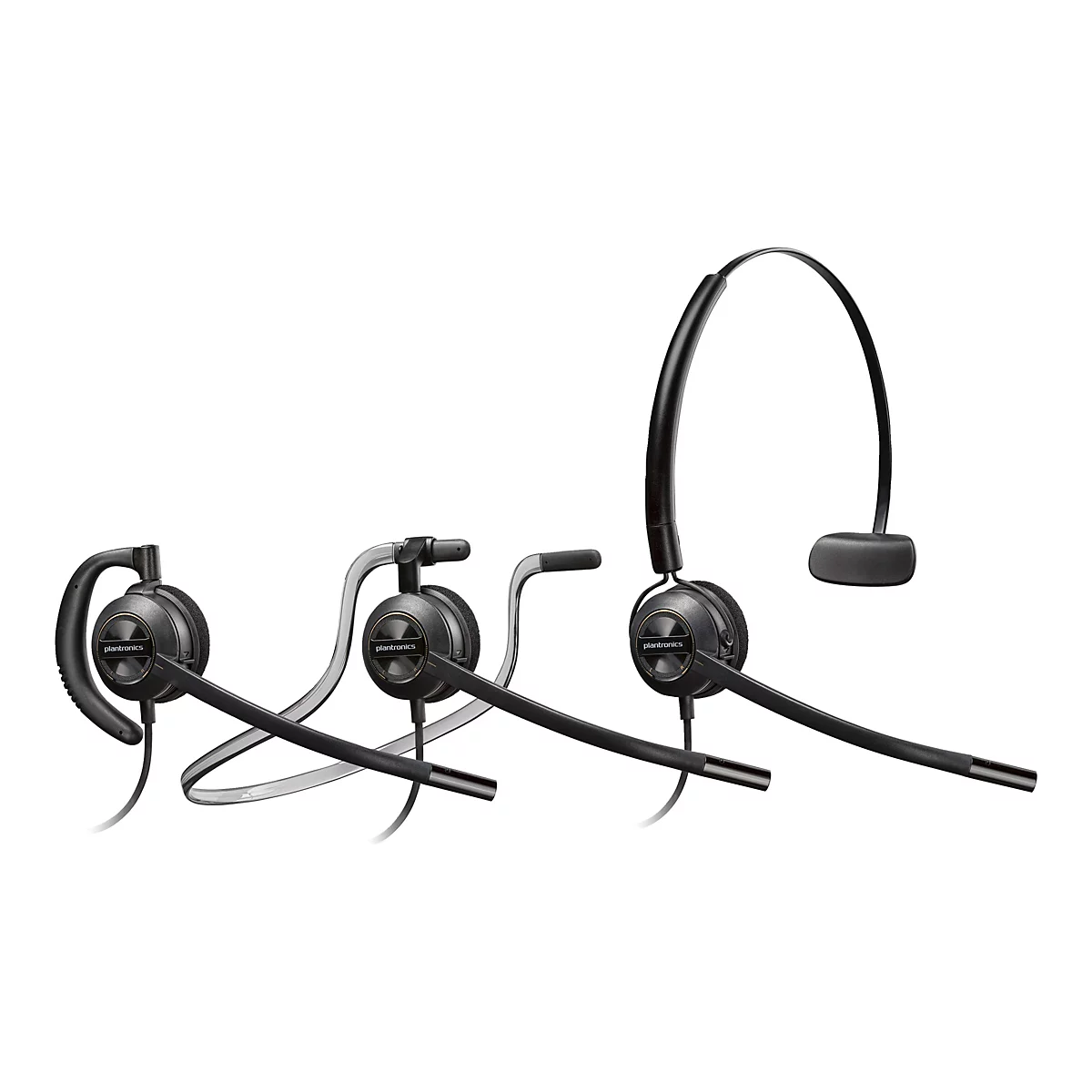 Drei schwarze Plantronics Headsets auf weißem Hintergrund. Jedes hat einen verstellbaren Bügel und Mikrofon.