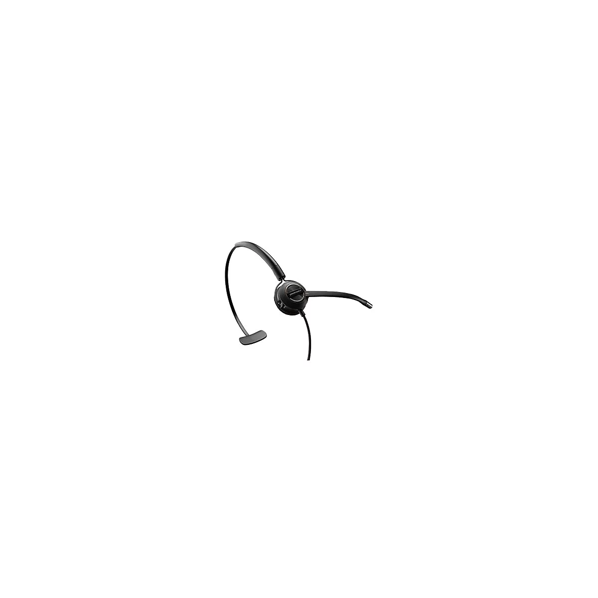 Schwarzes Plantronics-Headset mit Bügel und Mikrofon, Kabel, vor weißem Hintergrund.