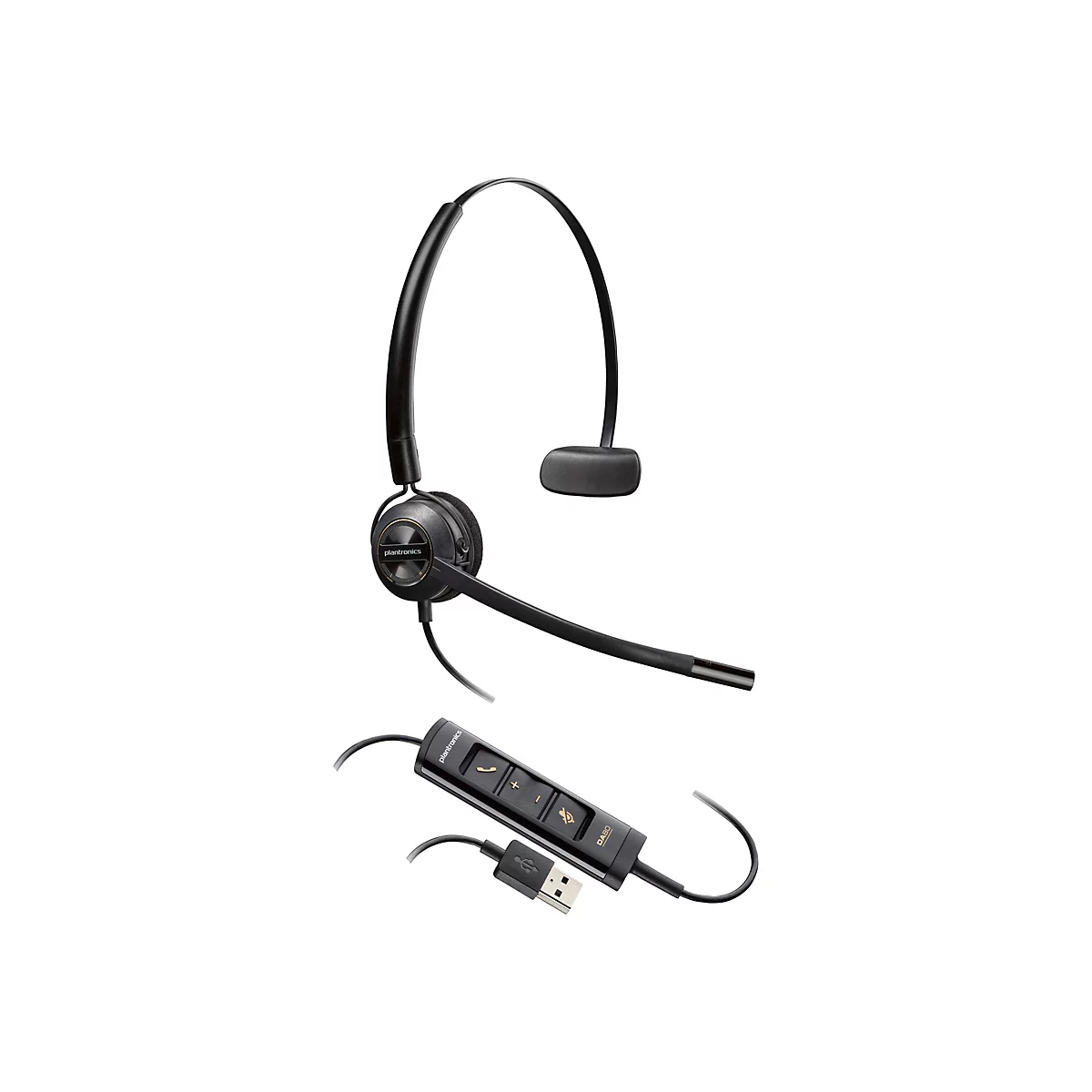 Schwarzes Plantronics-Headset mit Bügel und Mikrofon, mit einem integrierten Bedienelement, das an ein USB-Kabel angeschlossen ist.