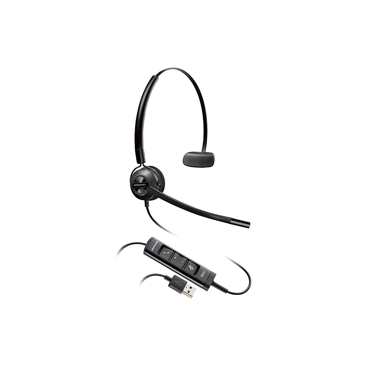 Schwarzes Plantronics Headset mit USB-Anschluss und Bedienelementen, vor weißem Hintergrund.