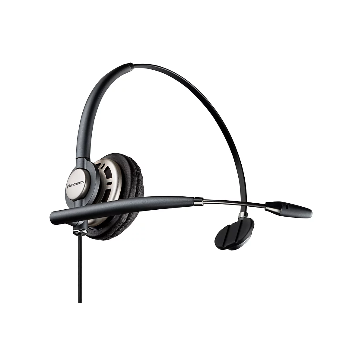 Ein schwarzes Headset mit Mikrofon auf weißem Hintergrund. Der Kopfhörer hat ein gepolstertes Ohrpolster und das Plantronics-Logo.