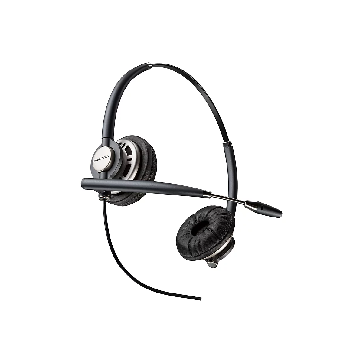 Ein schwarzes Headset mit Ohrmuscheln, Mikrofon und Bügel; Logo "plantronics".