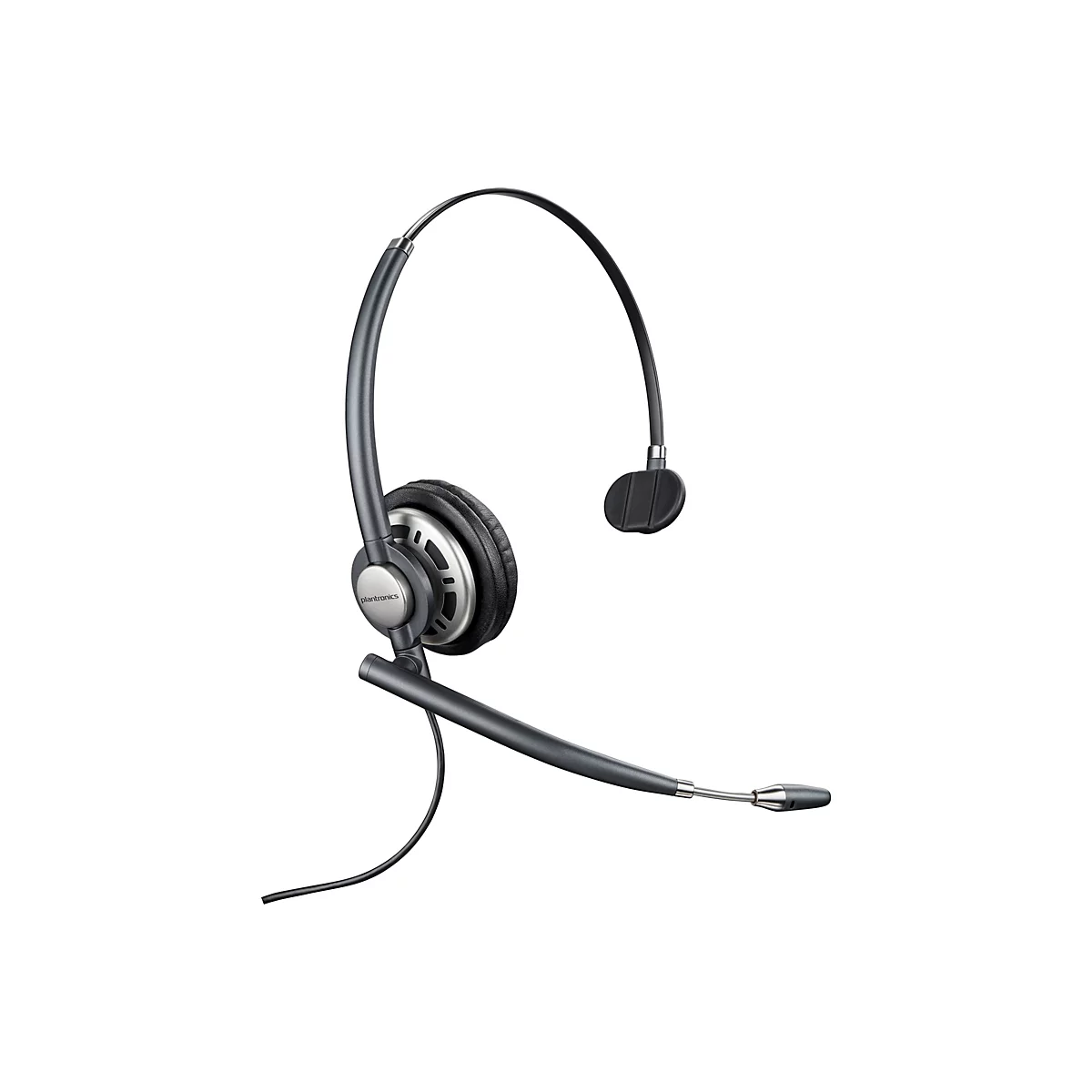 Ein-Ohr-Headset von Plantronics mit Mikrofonarm und Kabel, isoliert auf weißem Hintergrund.