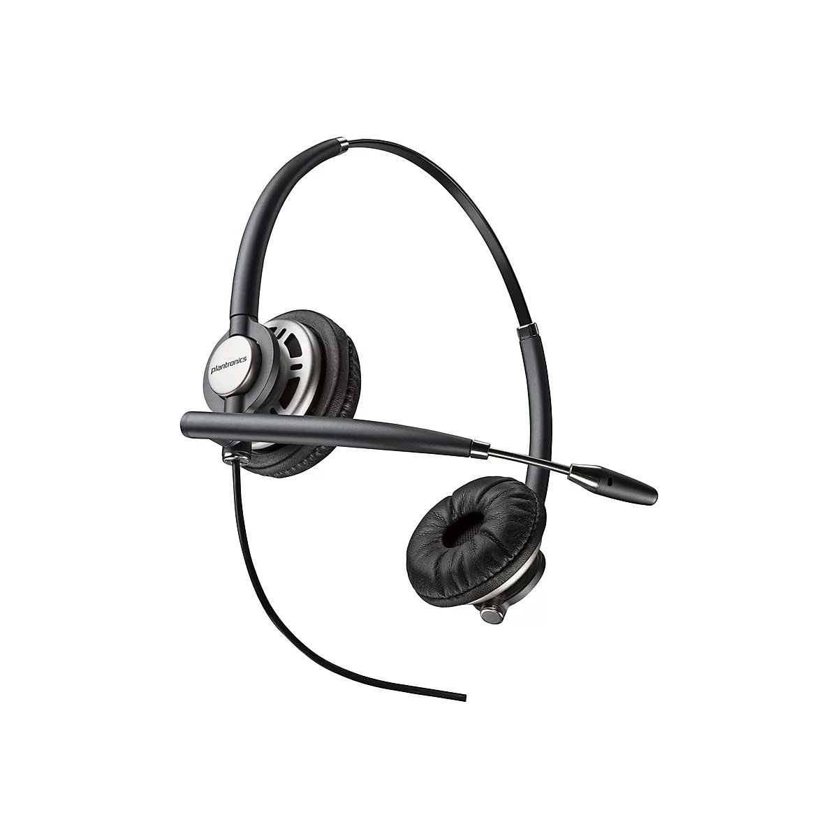 Ein schwarzes Headset mit Ohrmuscheln, Mikrofon und Bügel. Das Logo "plantronics" ist auf einer Ohrmuschel zu sehen.