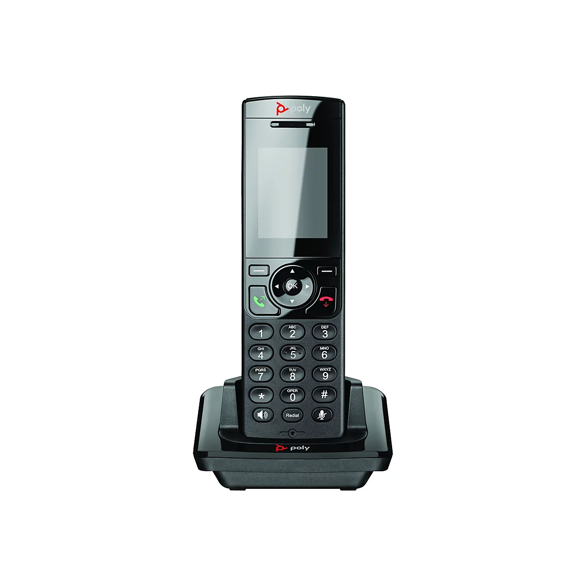 Schwarzes schnurloses Telefon mit Basisstation. Auf dem Telefon sind Tasten, ein Display und das Logo "poly" zu sehen.