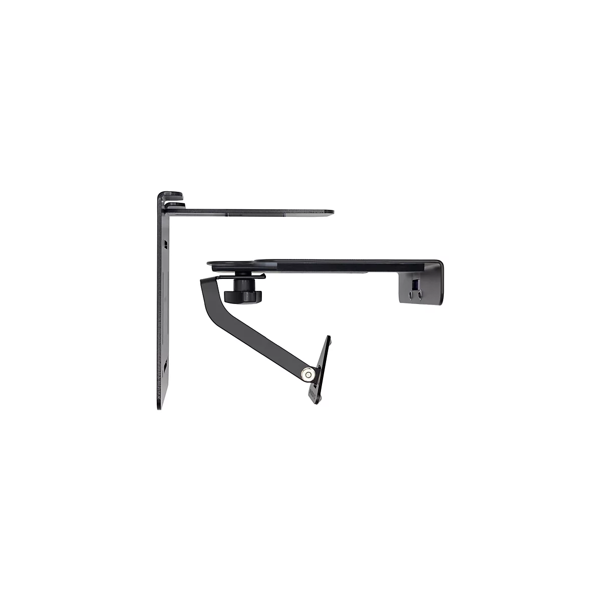 Schwarze Metallhalterung, im Winkel zueinander angeordnet. Die Halterung hat eine horizontale und eine vertikale Platte, verbunden durch ein Gelenk, das verstellbar ist.