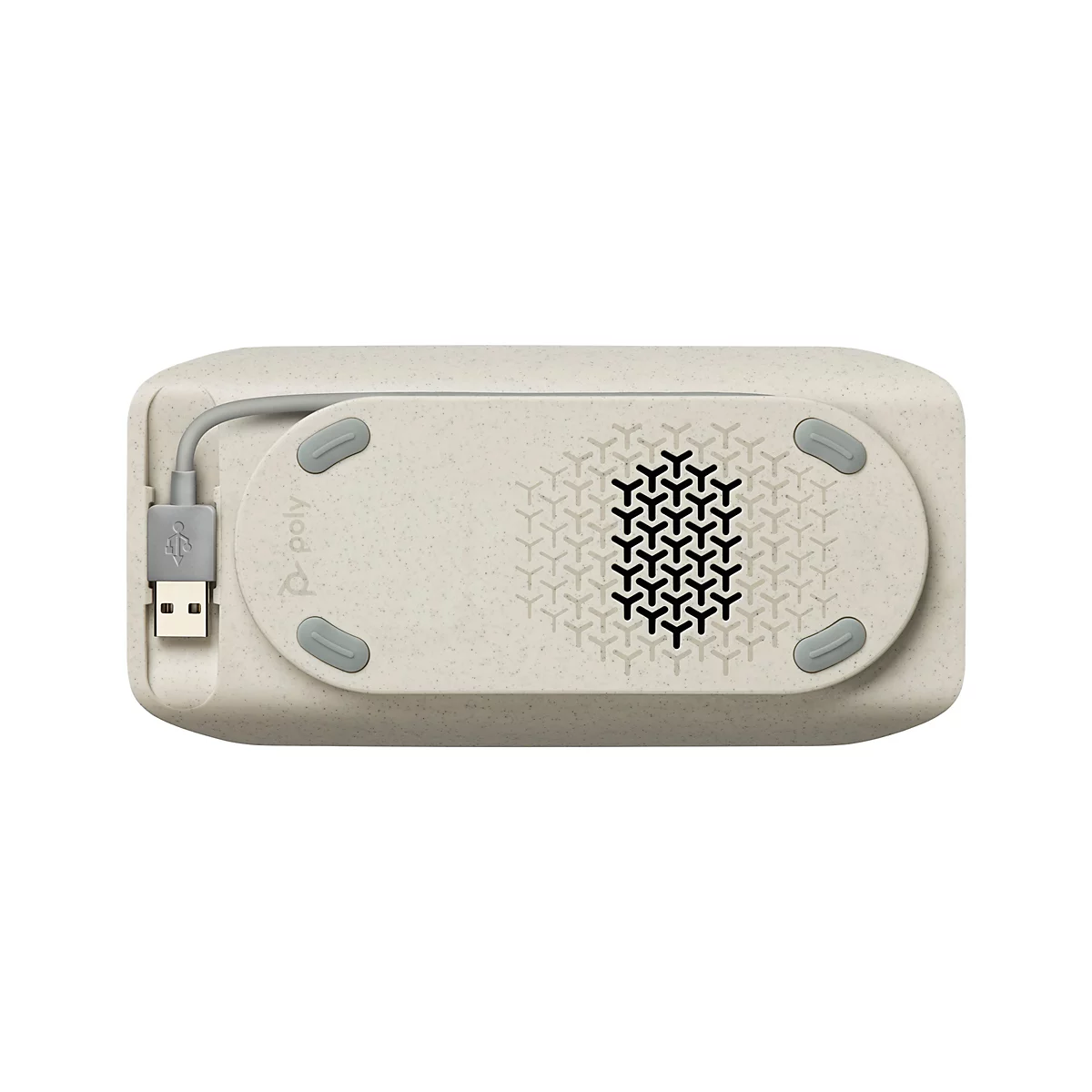 Boîte rectangulaire beige clair avec coins arrondis, éléments gris et un câble USB. Dessus à motifs et trois pieds gris.
