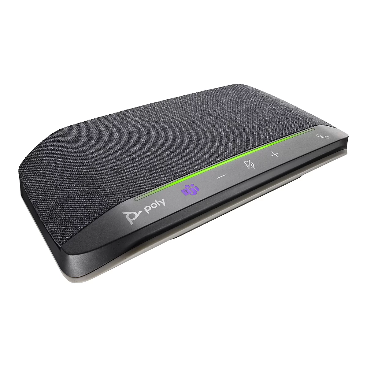Téléphone de conférence Poly gris foncé posé sur fond blanc. Il a une surface en tissu et des éléments de contrôle.