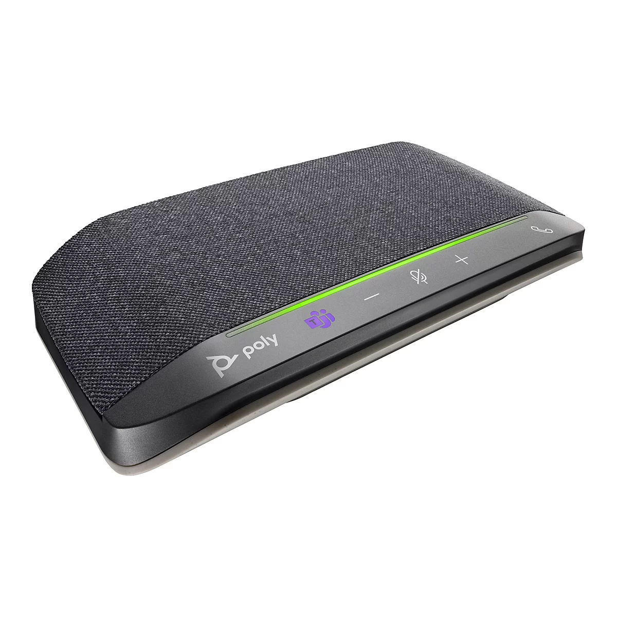 Un appareil de conférence rectangulaire gris. Sur le dessus se trouve une grille en tissu gris. Sur un côté se trouvent des boutons et le logo Teams.