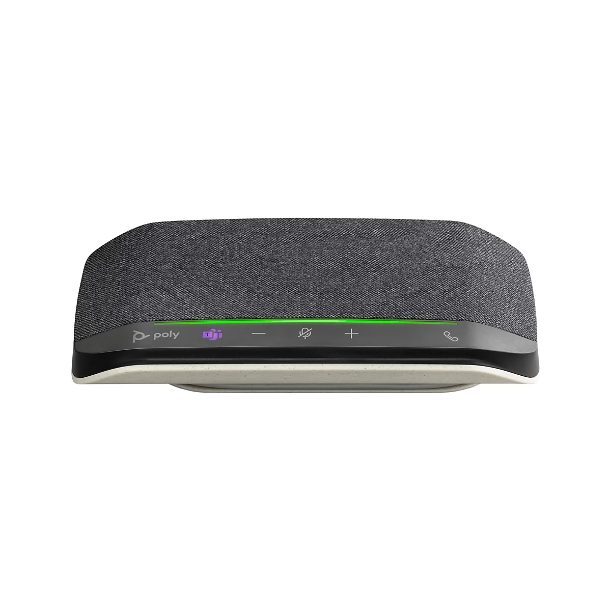 Un téléphone de conférence gris avec des commandes et une lumière verte sur fond blanc.