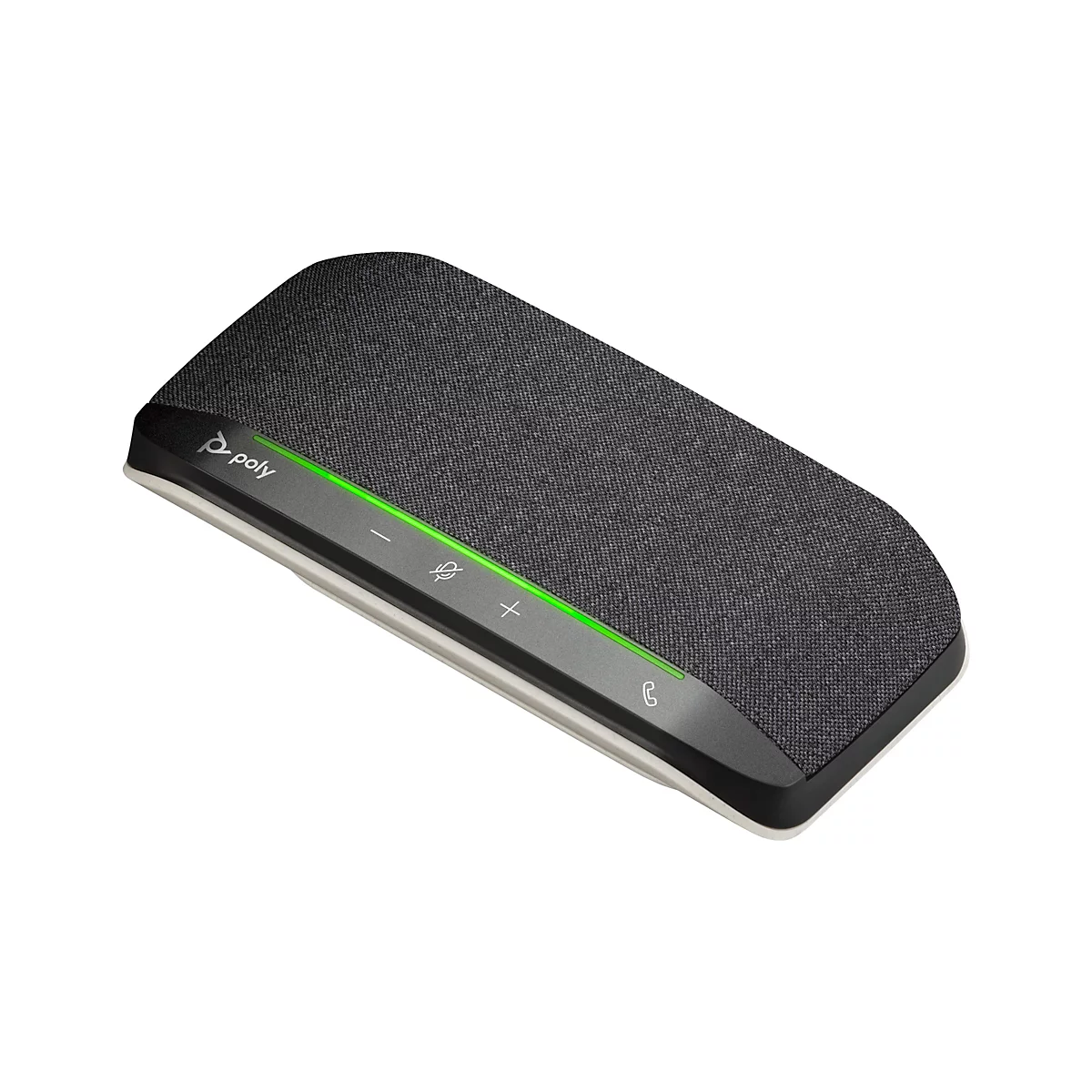 Haut-parleur gris rectangulaire avec logo Poly. En haut, une barre verte avec des boutons. Bordure blanche en bas.