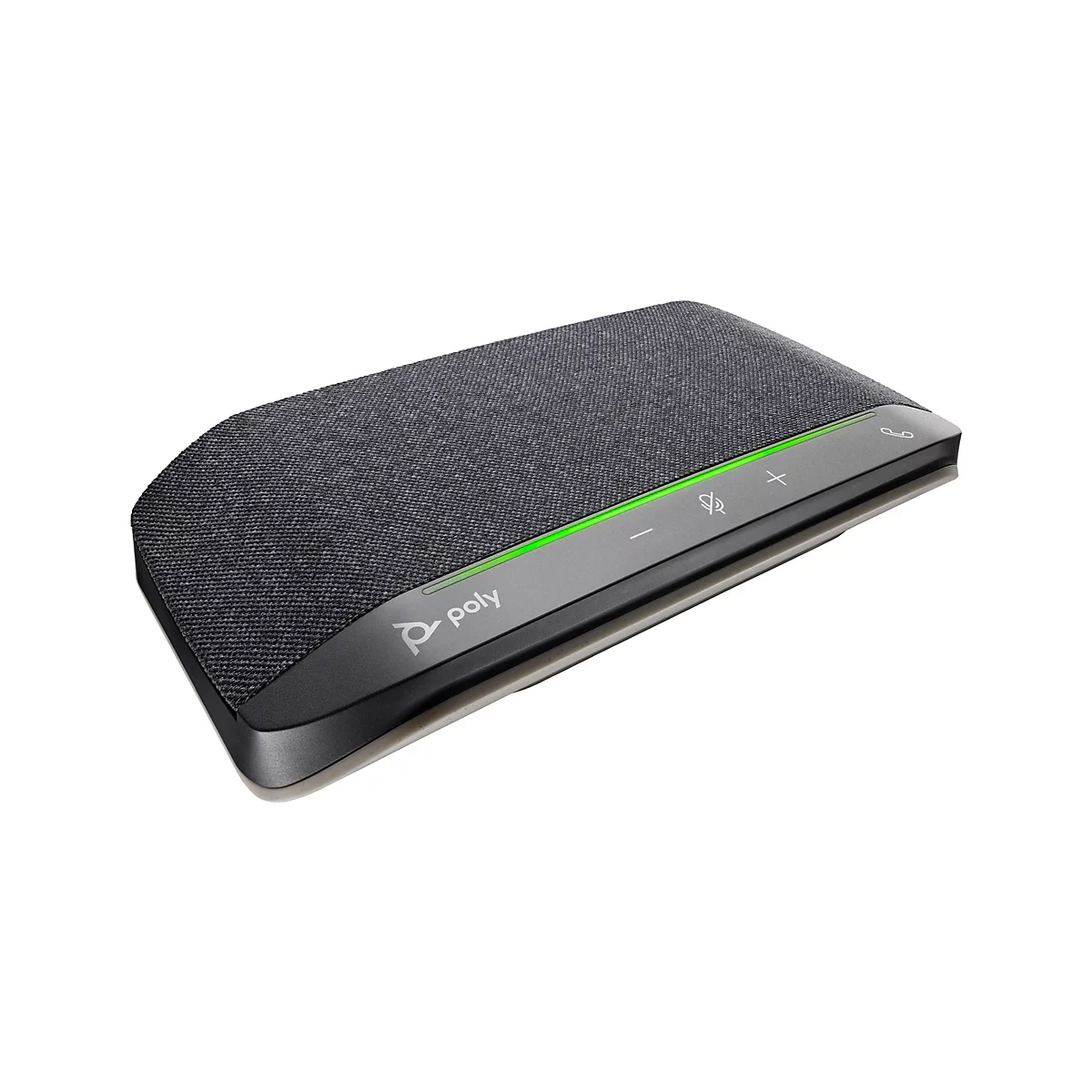 Système de conférence Poly noir rectangulaire avec boutons de microphone et de volume, lumière verte et logo Poly. Sur fond blanc.