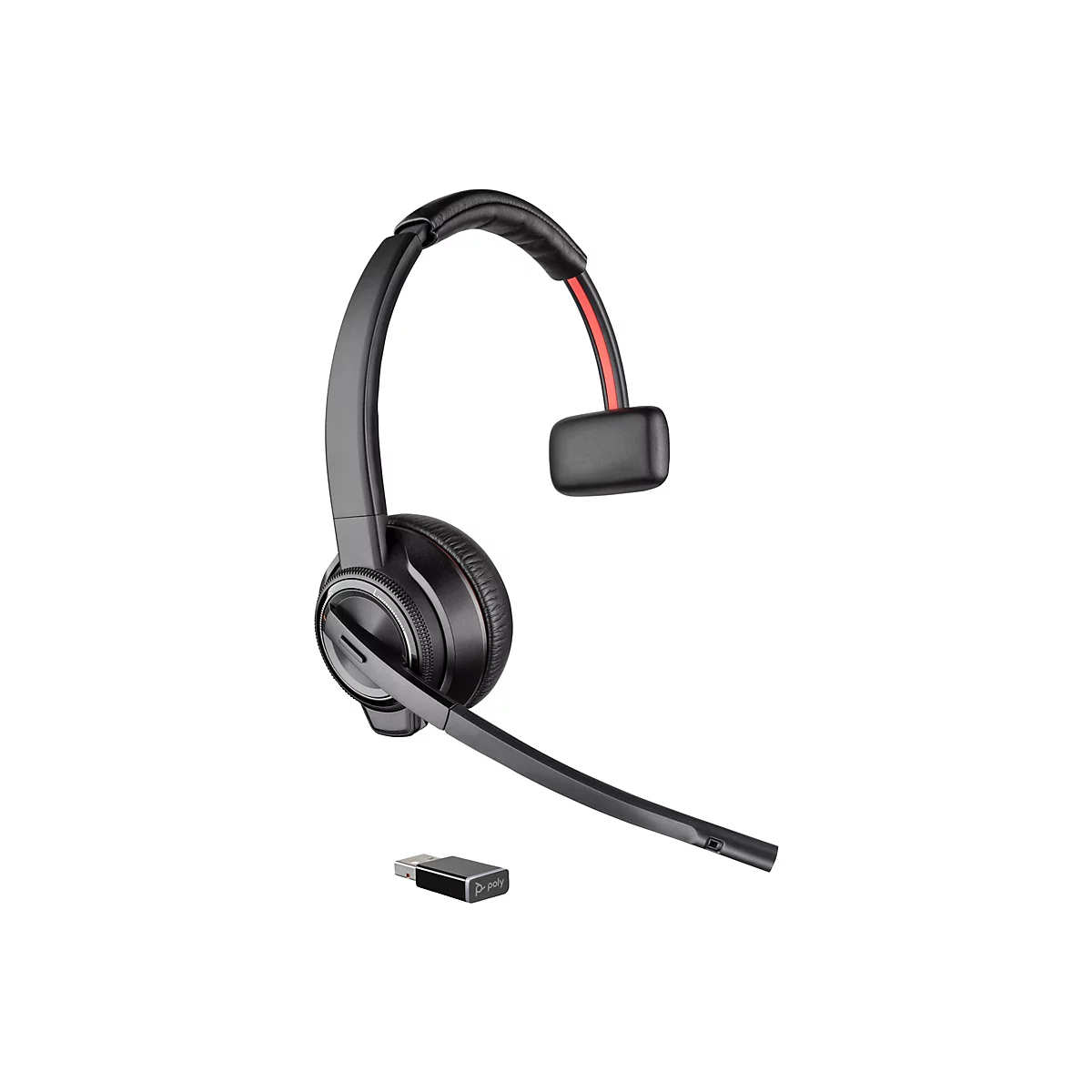 Drahtloses Headset mit Mikrofon und USB-Adapter. Schwarz mit roten Akzenten und Poly-Logo.