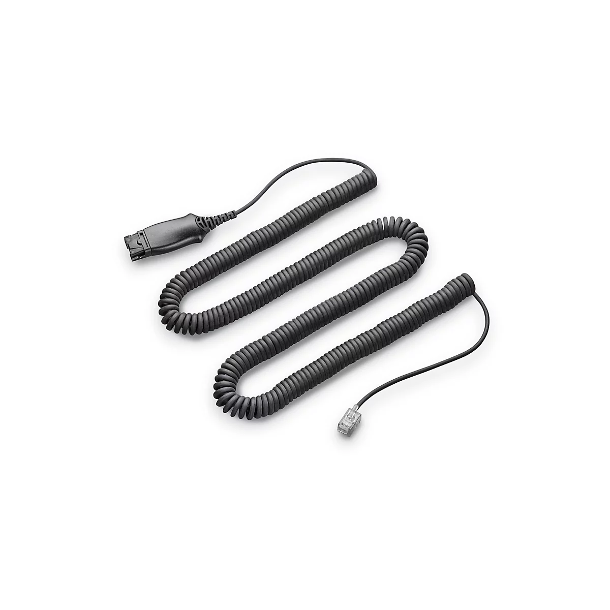 Schwarzes Telefonkabel mit gewundener Textur, das auf einer weißen Oberfläche liegt.