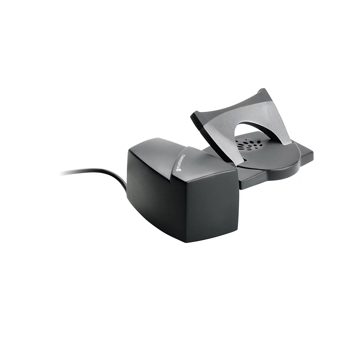 Ein schwarzes Plantronics-Headset-Ladegerät, bestehend aus einem rechteckigen Sockel und einer Halterung. Das Plantronics-Logo ist deutlich sichtbar.