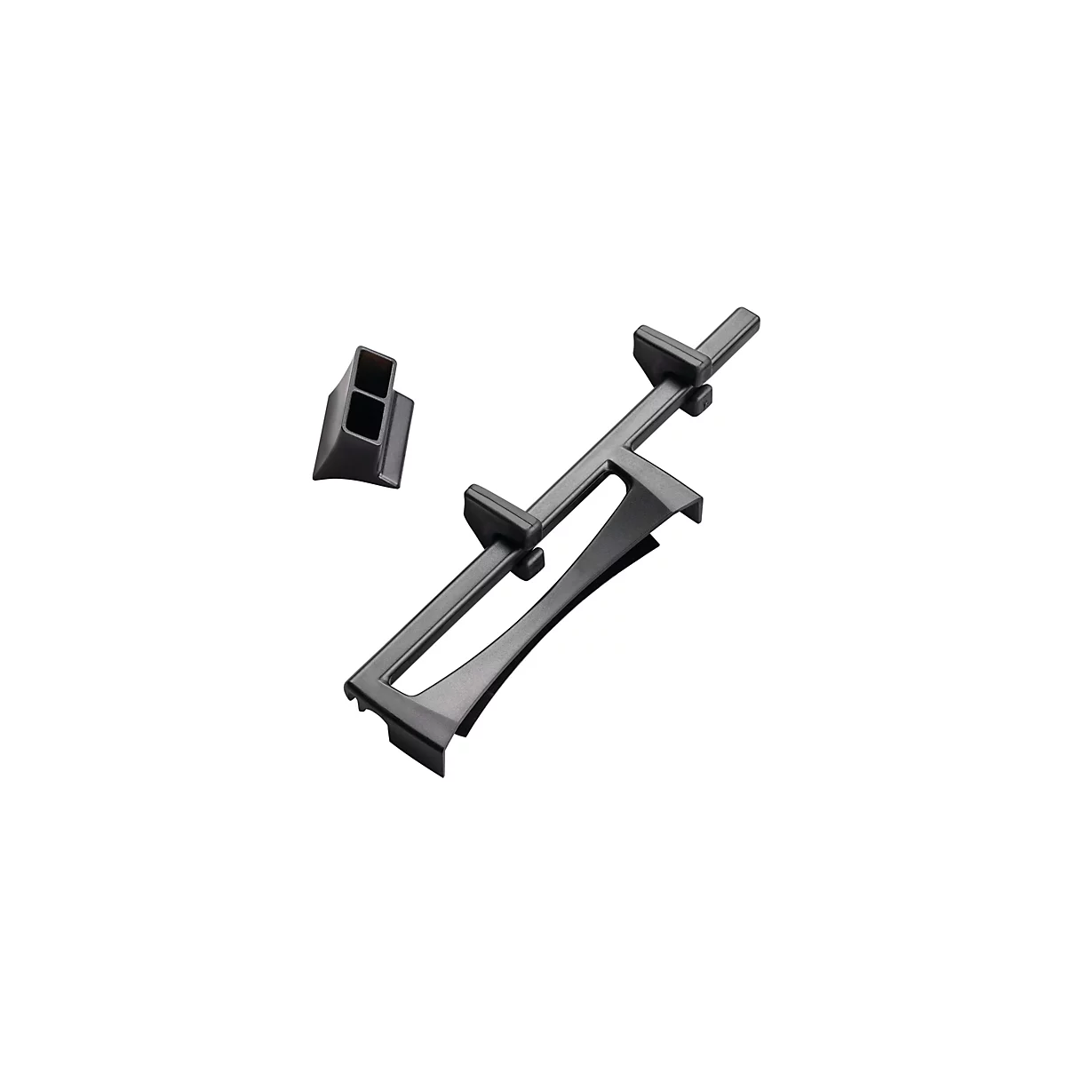 Grauer Kunststoff-Innenausstattung, zwei Teile: ein längliches Element und ein kleineres Teil.