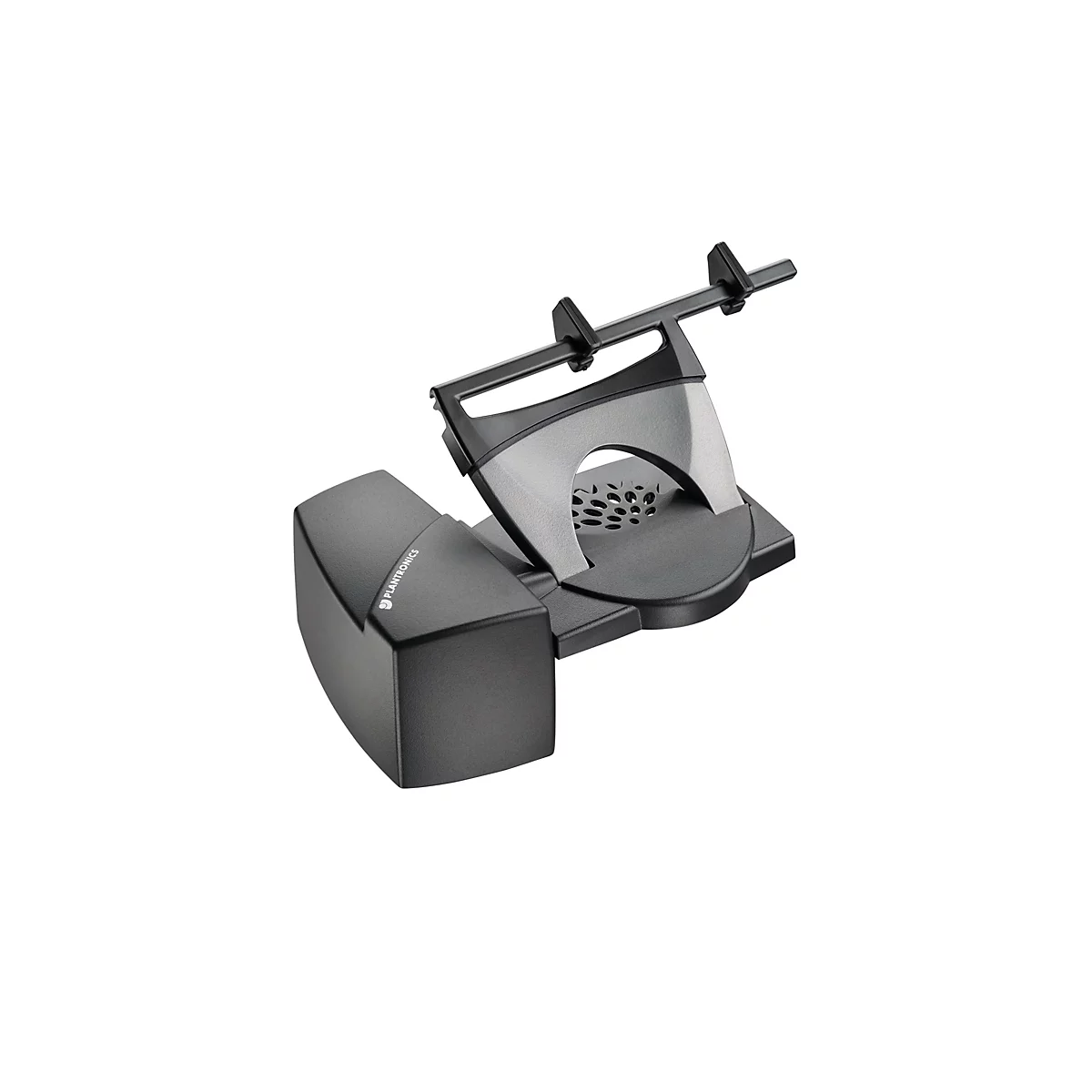 Schwarze Basisstation für ein Headset, mit der Aufschrift "Plantronics".