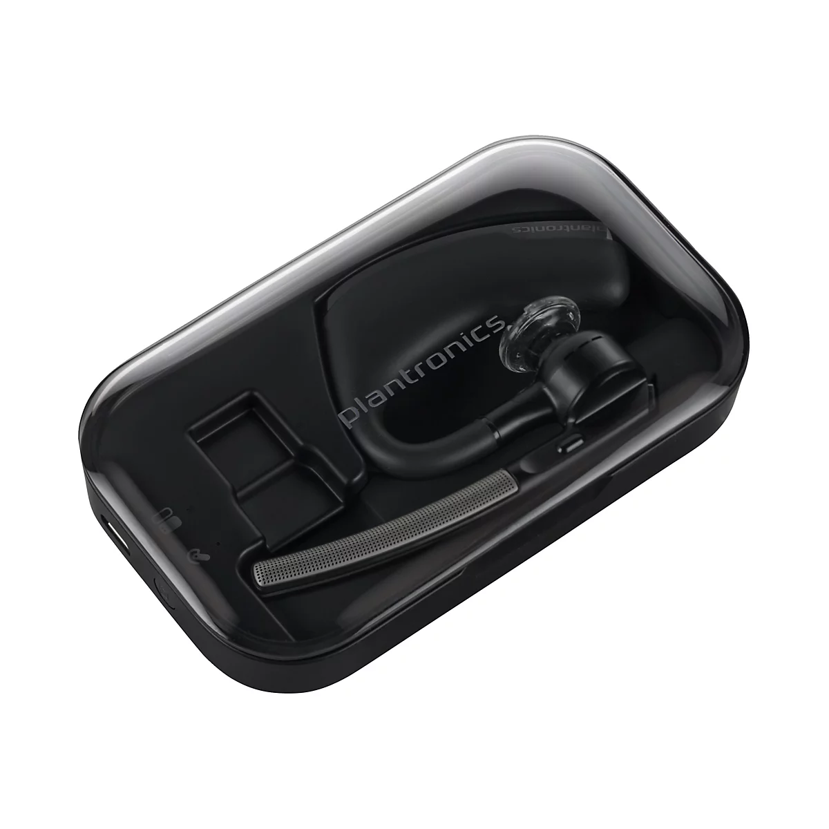 Schwarzes Plantronics Bluetooth-Headset in einer transparenten Hülle, das auf weißem Hintergrund liegt.
