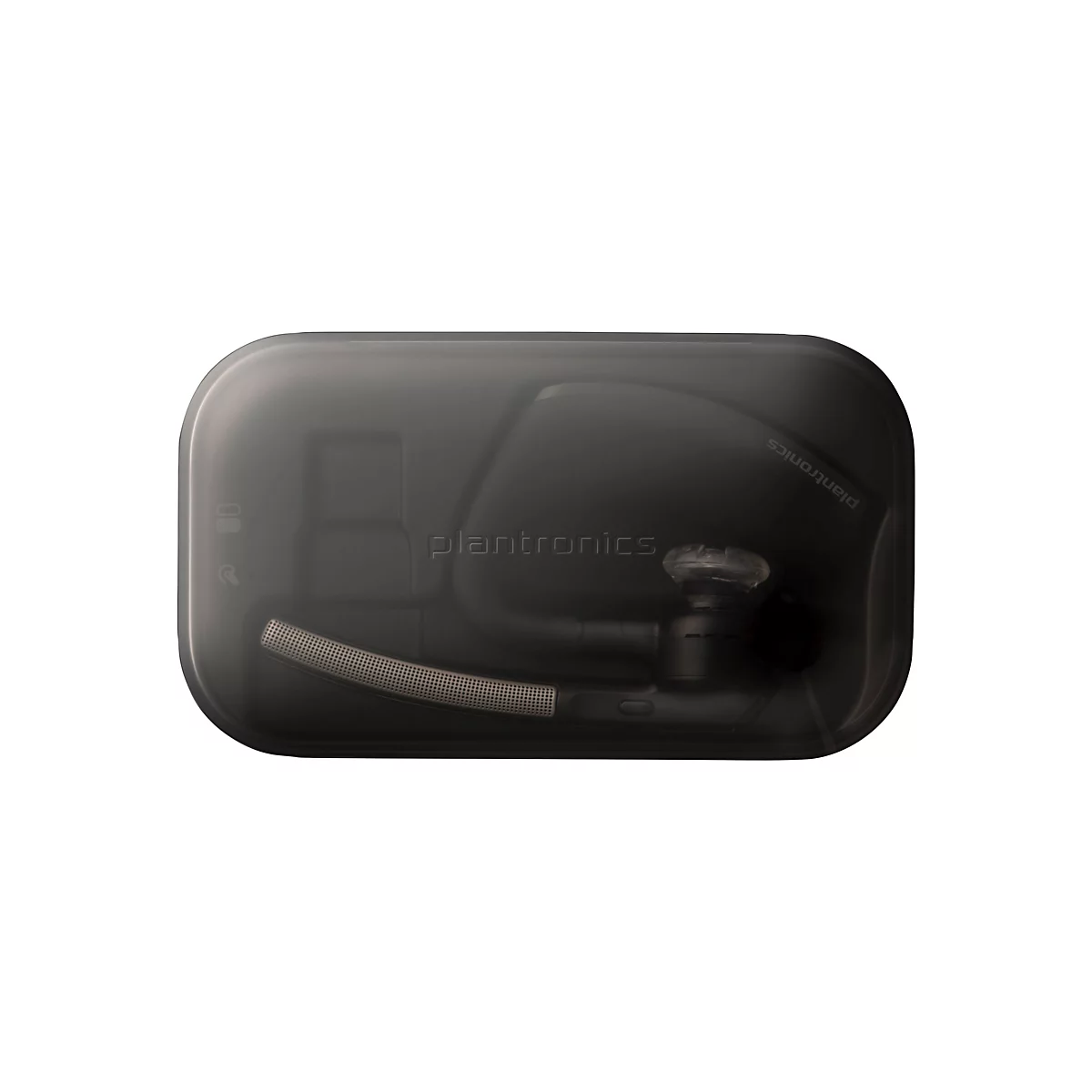 Ein schwarzes Plantronics-Headset in einer transparenten Hülle. Das Headset ist detailreich, deutlich sichtbar.