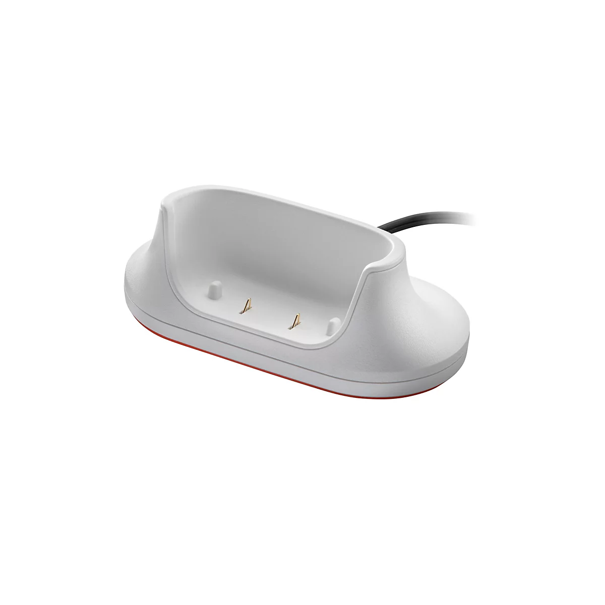 Weisse Ladestation für ein elektronisches Gerät mit roter Unterseite und schwarzem Kabel.