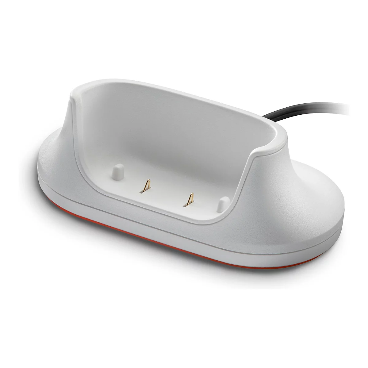 Hellgraue Ladestation mit orangefarbenem Akzent. Sie hat eine geschwungene Form und drei goldfarbene Kontaktstifte.