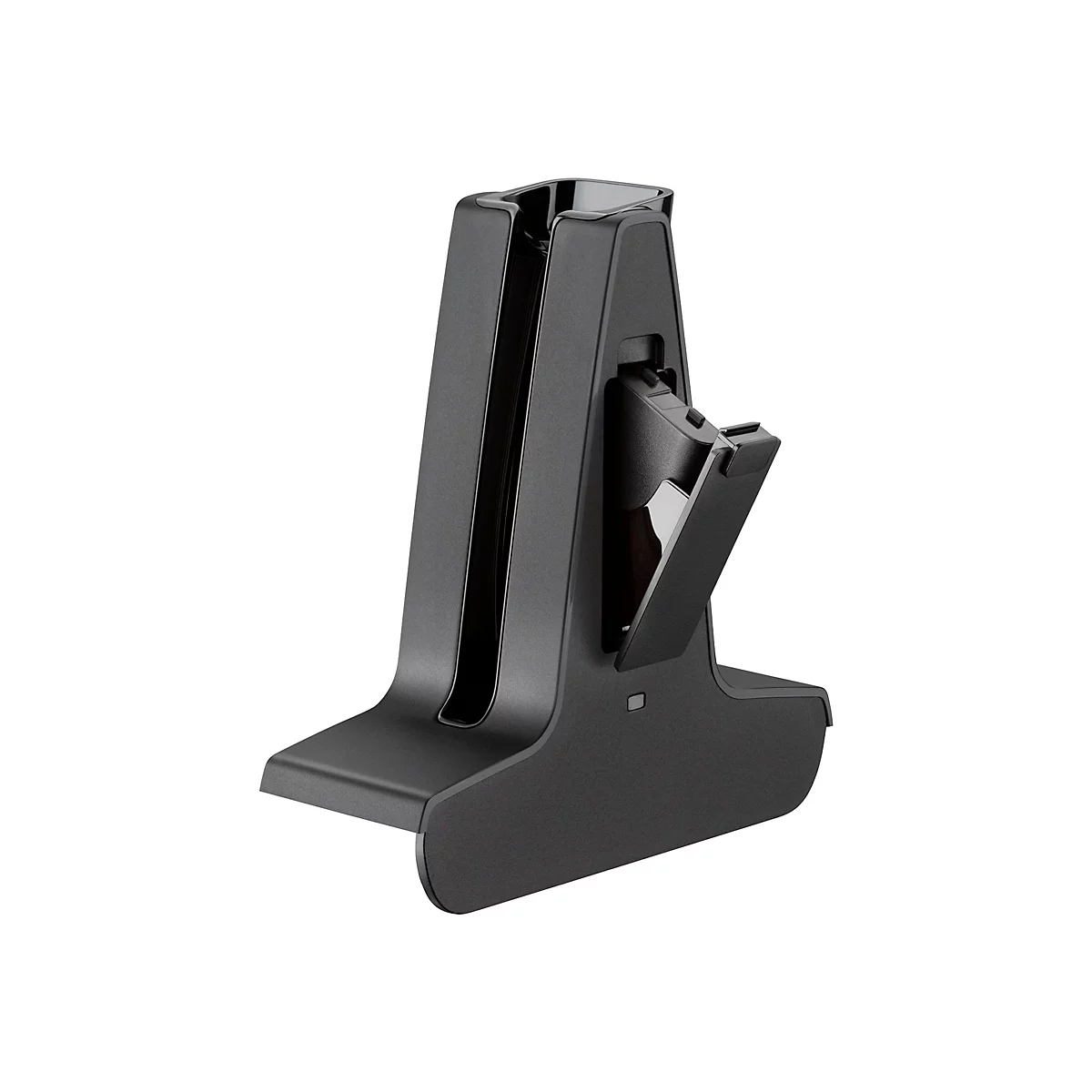 Schwarze Ladestation für ein elektronisches Gerät, mit geöffneter Klappe und glänzenden Oberflächen.
