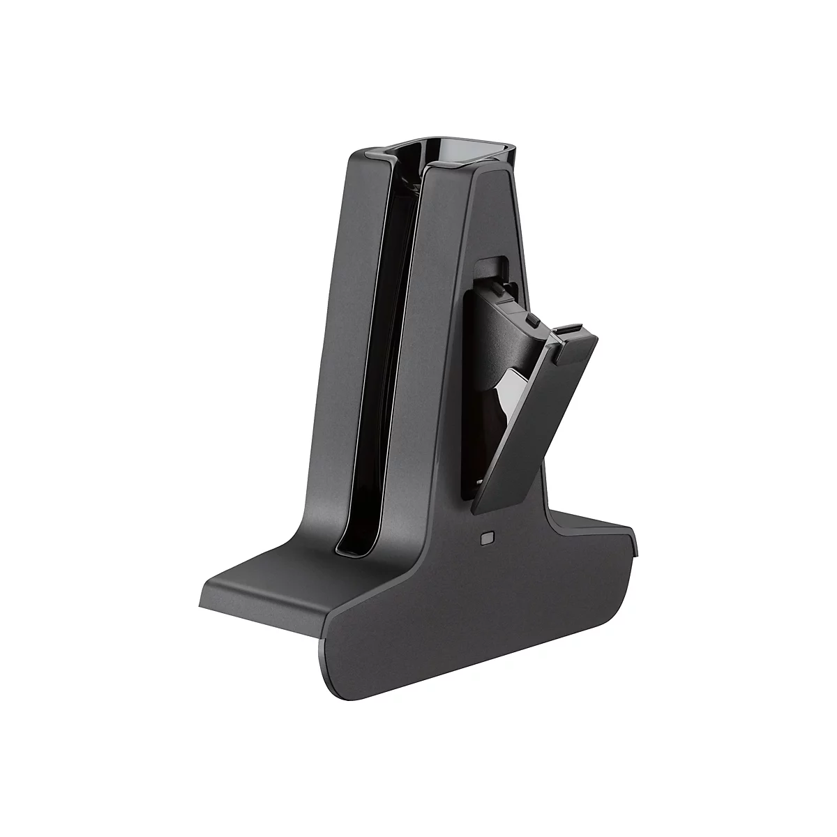 Schwarze Ladestation für ein elektronisches Gerät, detailreich und vor weißem Hintergrund.