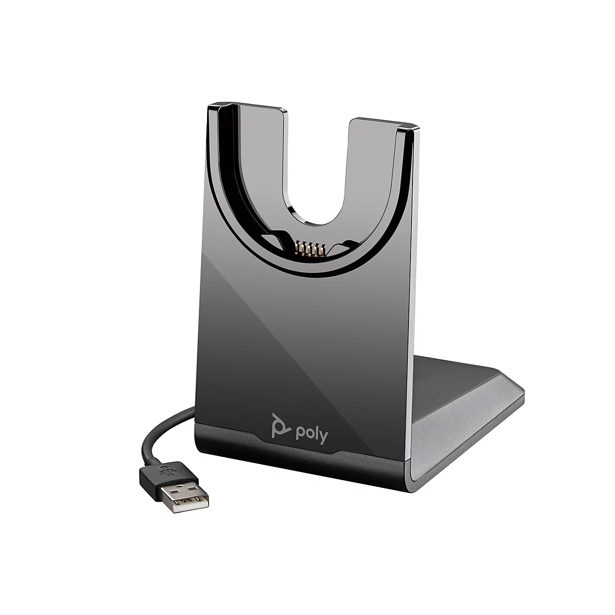 Schwarze Poly-Ladestation mit USB-Kabel. Auf der Oberfläche ist das Poly-Logo zu sehen.
