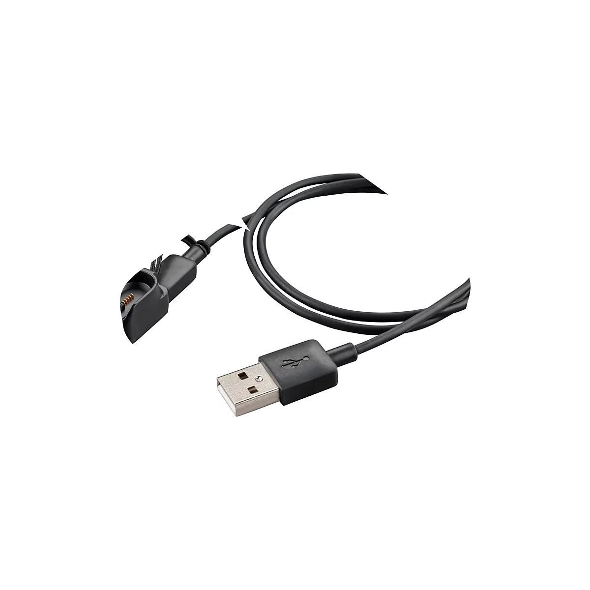 Ein schwarzes USB-Ladekabel mit Stecker und Ladestation, vor weißem Hintergrund.