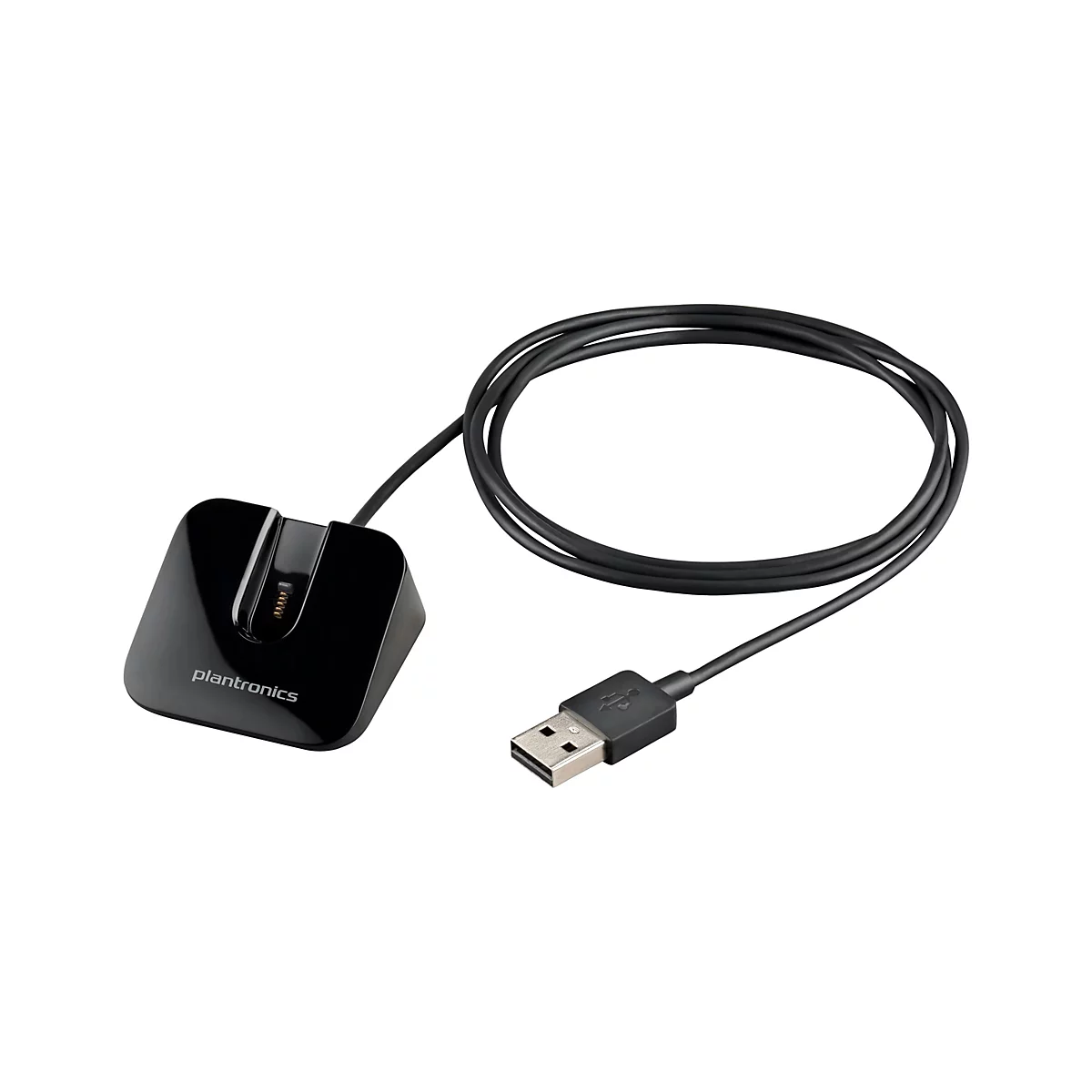 Schwarze Plantronics Ladestation mit USB-Kabel. Auf der Ladestation steht „plantronics“.