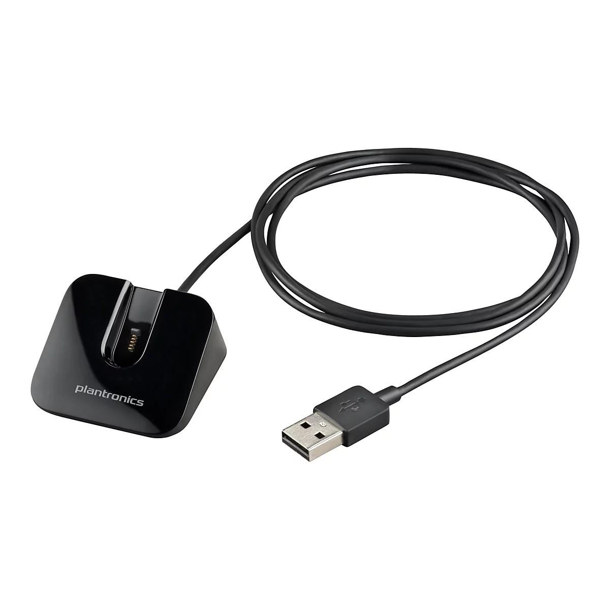 Schwarze Ladestation mit USB-Kabel. Auf der Basis steht "plantronics".