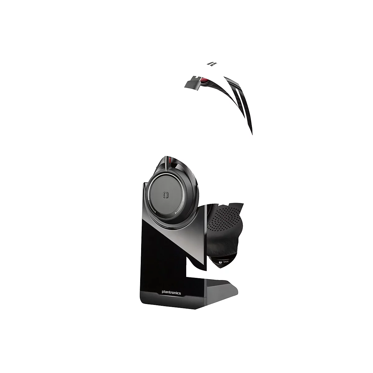Schwarzes Headset mit Ständer vor weißem Hintergrund. Teile des Headsets sind schematisch abgebildet.