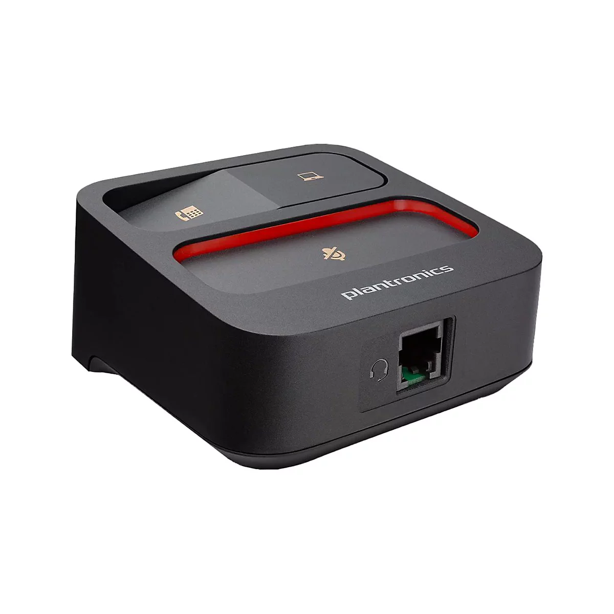 Schwarzes Plantronics-Gerät mit Telefon-, Mikrofon- und Laptop-Symbolen. Roter Streifen. Anschluss für Kopfhörer und Ethernet-Kabel.