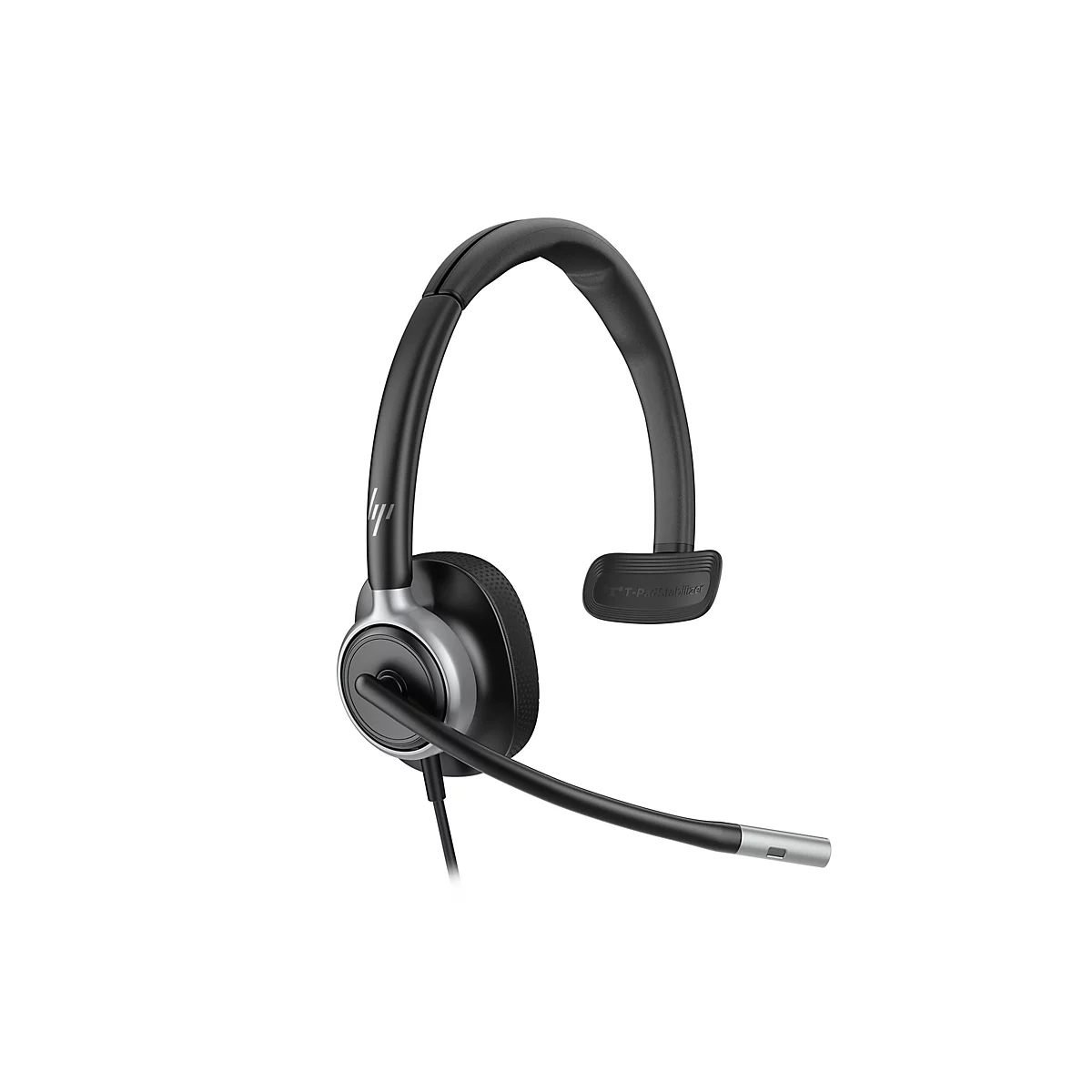 Ein schwarzes Headset mit silbernen Akzenten und Mikrofon. Der Bügel verläuft über dem Kopf, das Mikrofon ist flexibel.