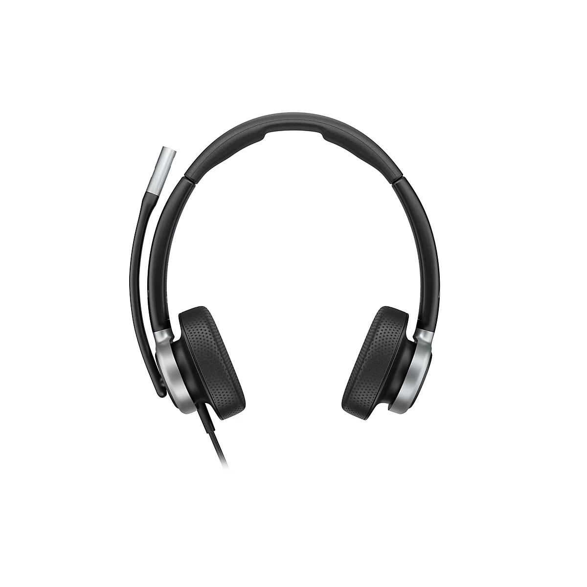 Schwarzes Headset mit silbernen Akzenten, Mikrophon und Ohrpolstern.