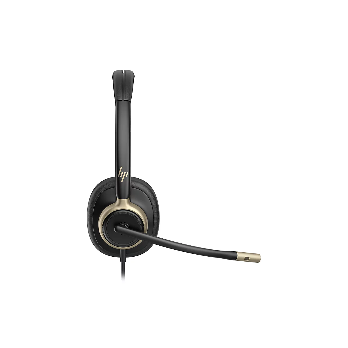 Seitliche Ansicht eines schwarzen HP Headsets mit goldenem Ring und Mikrofonarm.