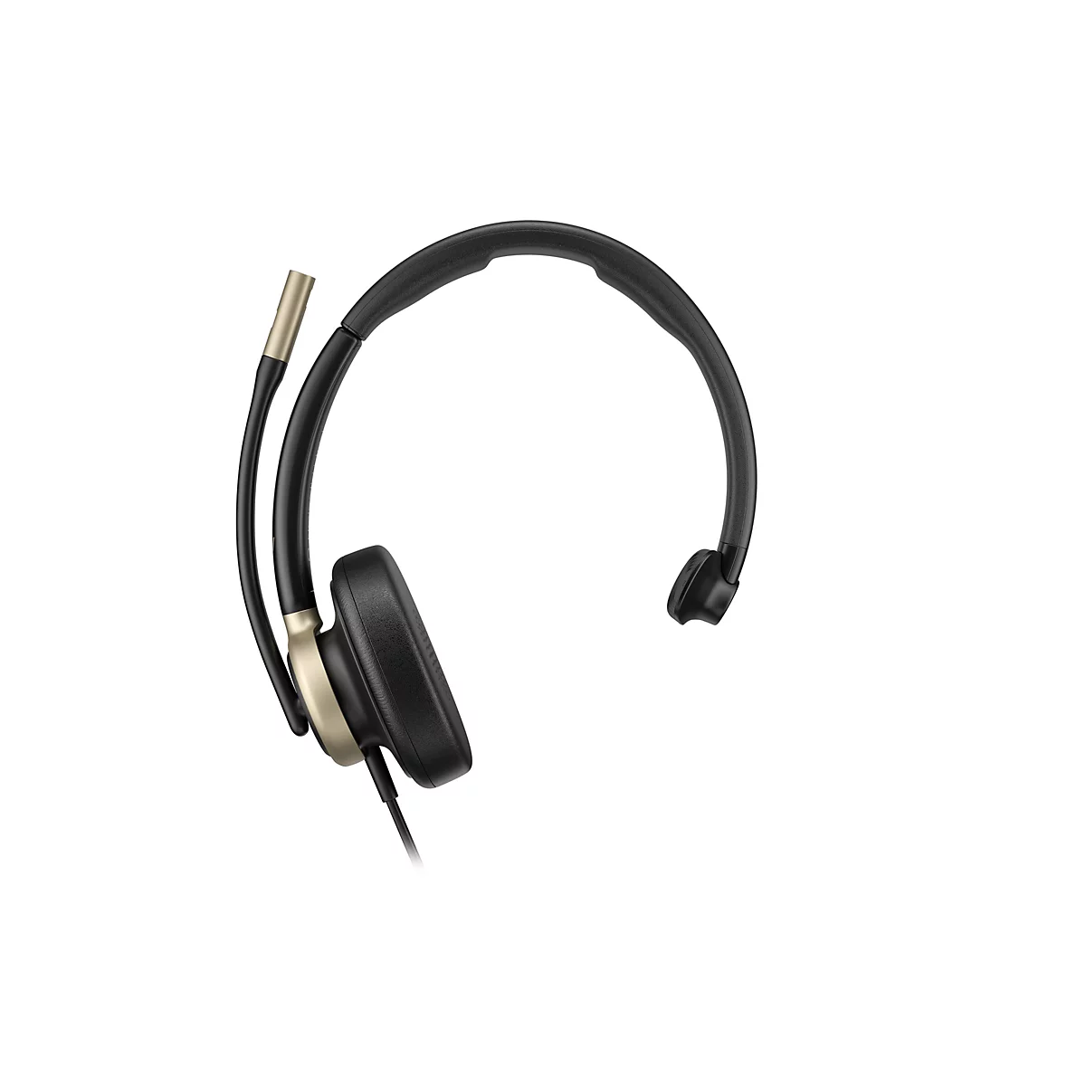 Schwarzes Headset mit einem Mikrofonarm und goldfarbenem Akzent an der Ohrmuschel vor weißem Hintergrund.