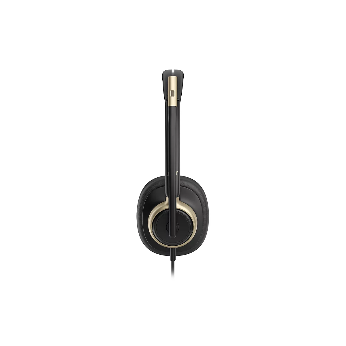 Seitenansicht eines schwarzen Headsets mit goldenen Akzenten vor weißem Hintergrund.