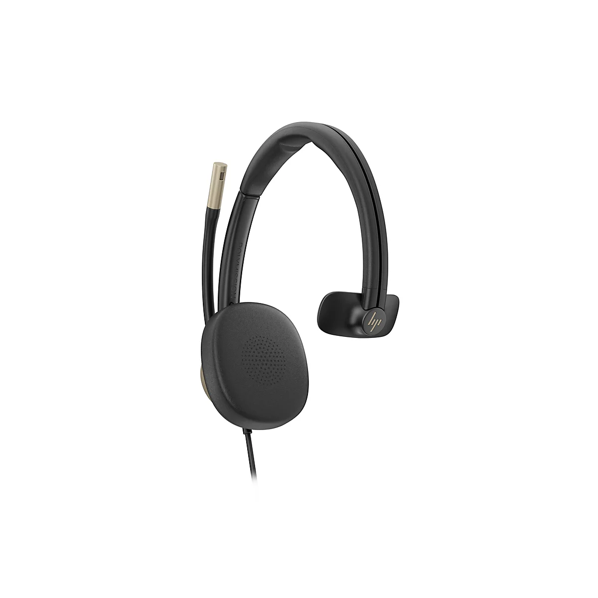 Schwarzes kabelgebundenes Headset mit Mikrofonarm und HP-Logo vor weißem Hintergrund.