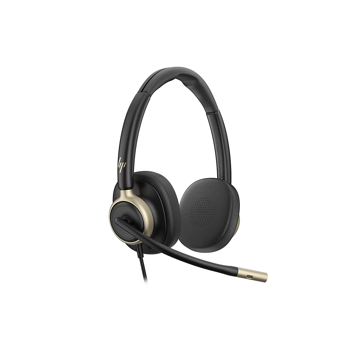 Schwarzes Headset mit goldenen Akzenten, verstellbarem Kopfbügel und Mikrofonarm vor weißem Hintergrund.