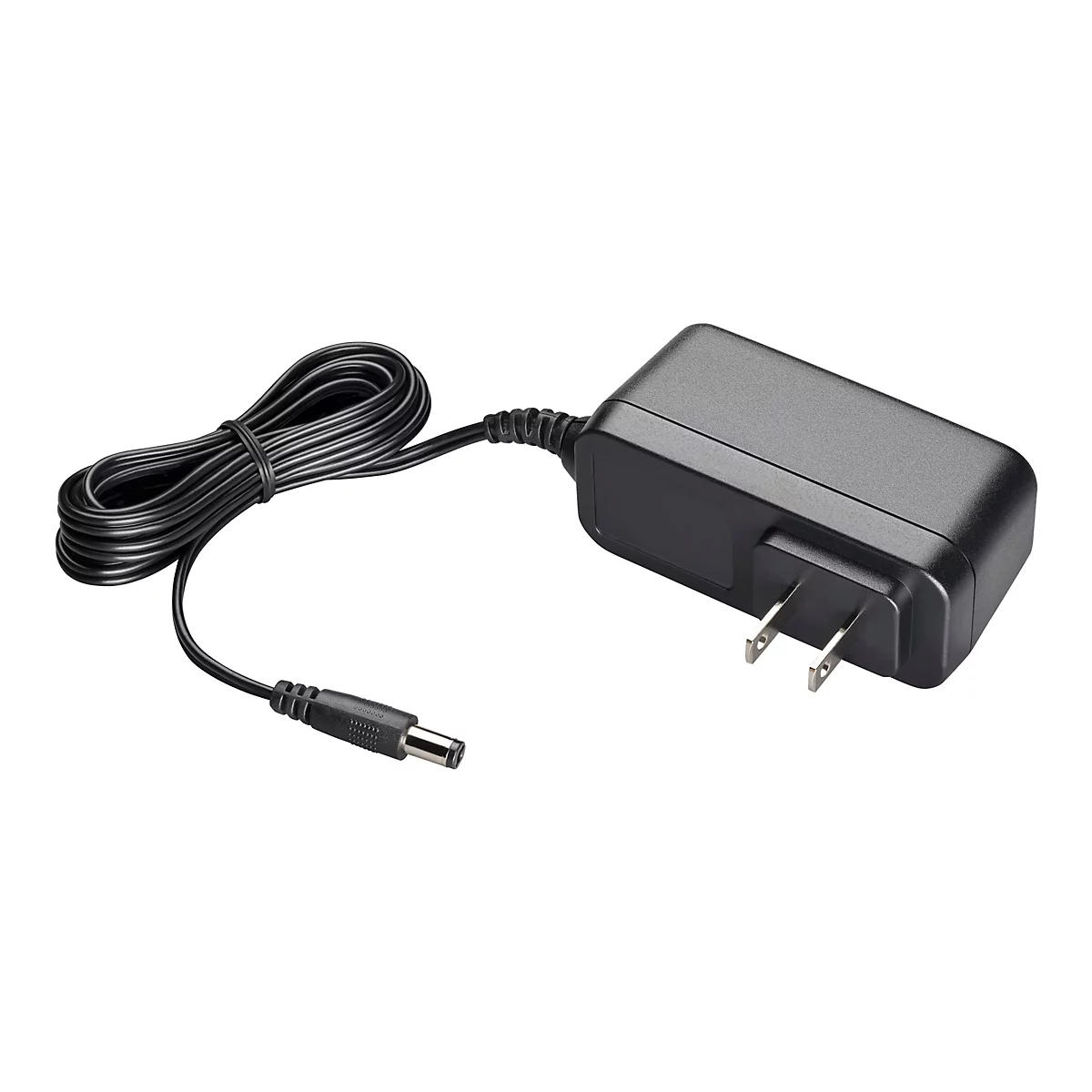 Ein schwarzes Netzteil mit einem Netzkabel, einem DC-Anschluss und einem zweipoligen Netzstecker. Das Kabel ist zum besseren Transport zusammengebunden.