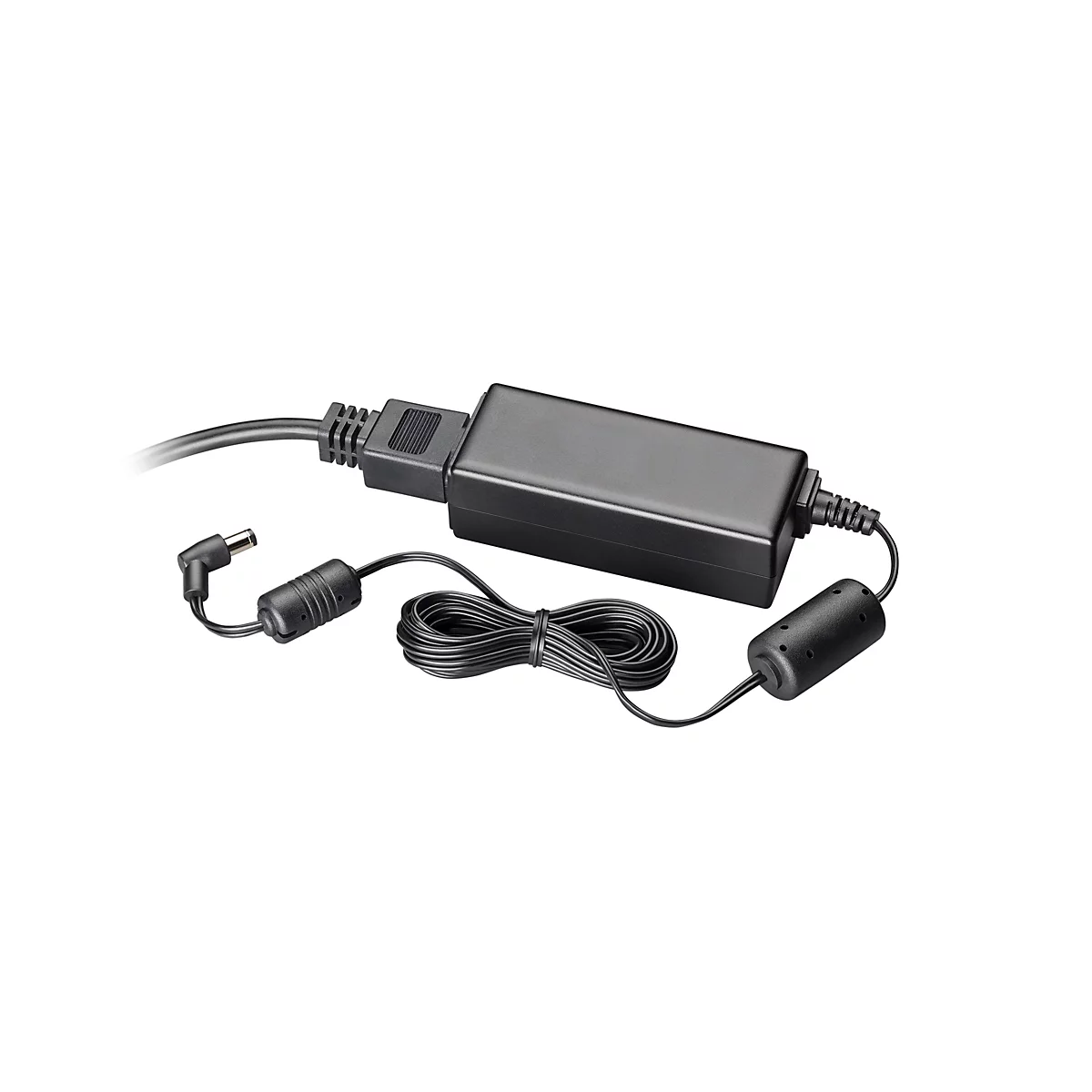 Ein schwarzes Netzteil mit Kabeln und einem Anschluss, vor weißem Hintergrund. Das Netzkabel ist aufgewickelt.