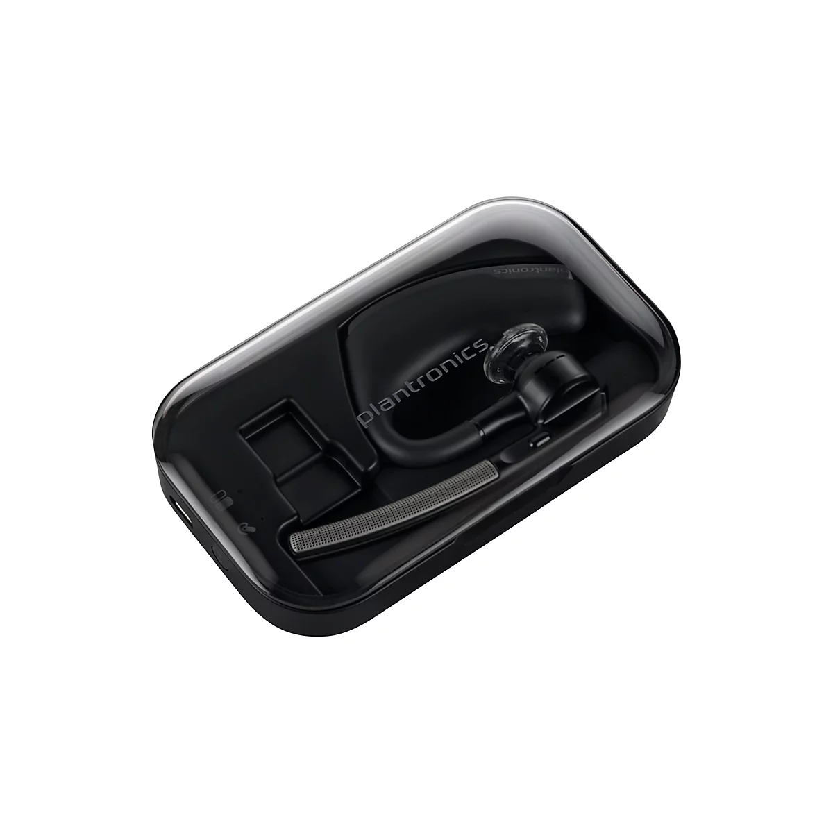 Schwarzes Plantronics Bluetooth-Headset in einer transparenten, rechteckigen Box. Auf der Box und dem Headset steht Plantronics.