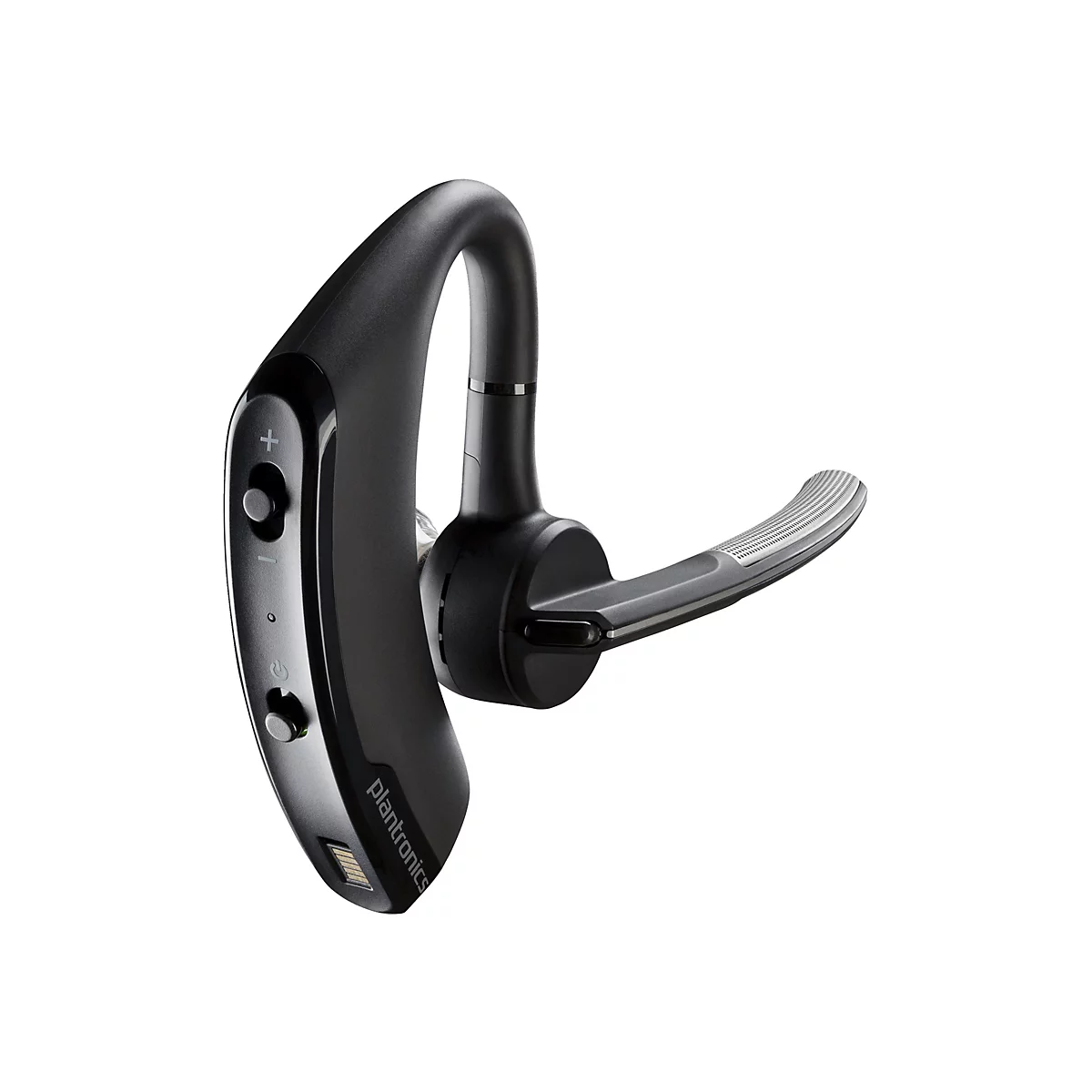 Schwarzes Bluetooth-Headset mit Ohrbügel und Bedienelementen, Marke Plantronics.